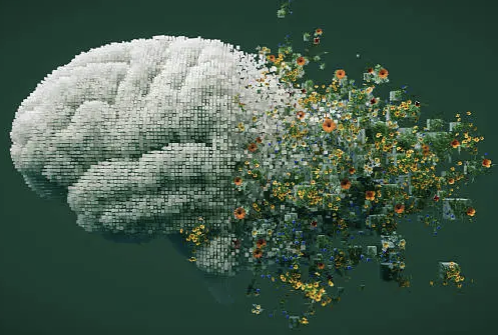 A digital 3D illustration of a fragmented brain transitioning into organized structure and growth, symbolizing how a second brain brings clarity to a business.